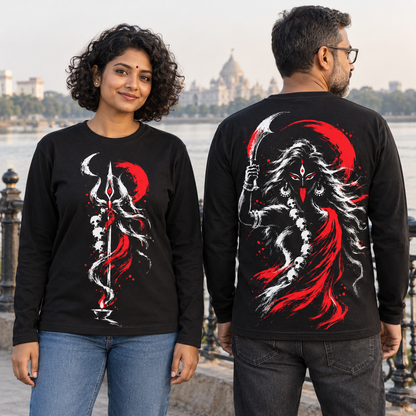 Woman and man wearing black Shyama Maa Kali full sleeves T-shirts outdoors by the river, front and back artwork shown, unisex fit