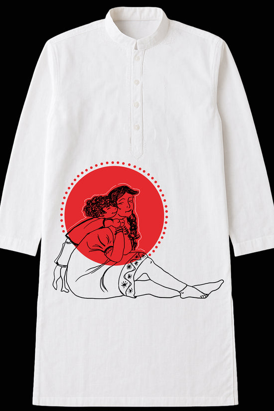 Bhalo Thak Bhai Kurta for Men featuring emotional sibling illustration in red and black on white fabric, ideal for Bhai Phonta or Rakhi celebrations.