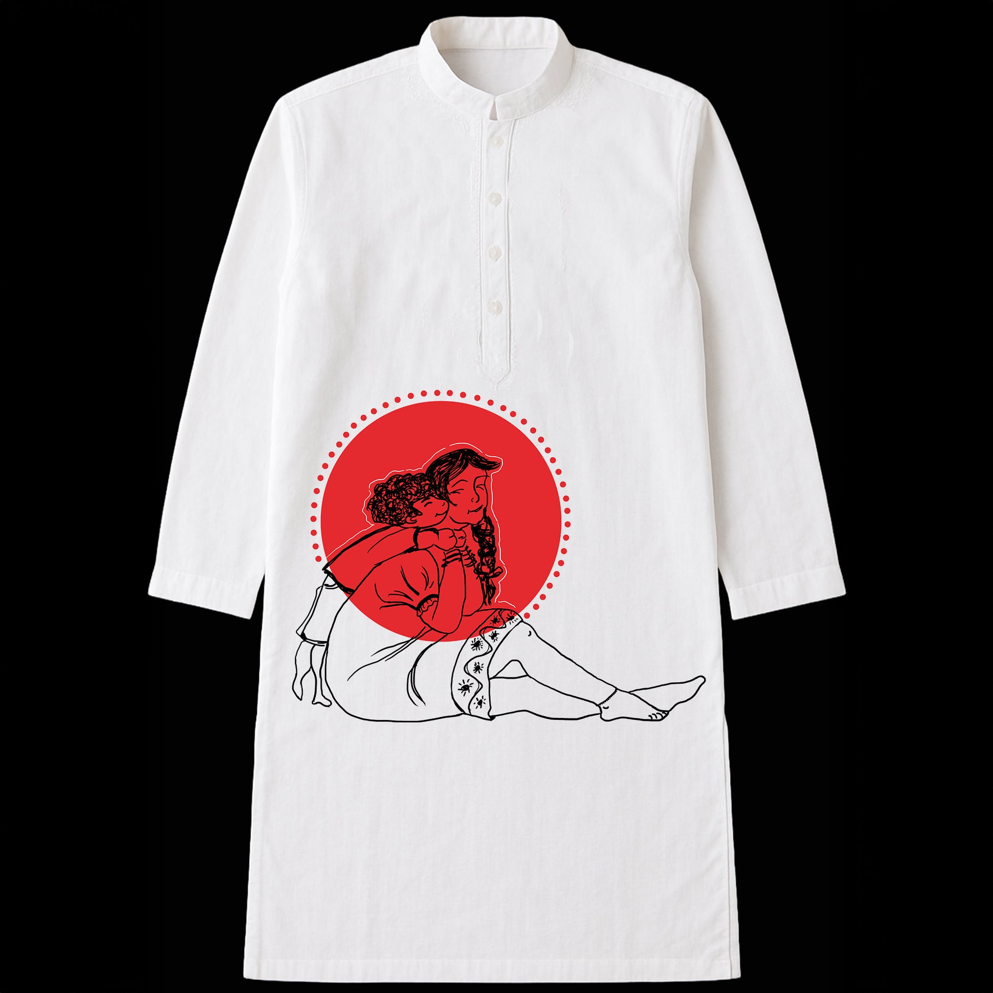 Bhalo Thak Bhai Kurta for Men featuring emotional sibling illustration in red and black on white fabric, ideal for Bhai Phonta or Rakhi celebrations.