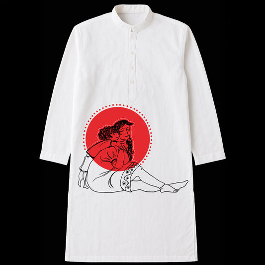 Bhalo Thak Bhai Kurta for Men featuring emotional sibling illustration in red and black on white fabric, ideal for Bhai Phonta or Rakhi celebrations.