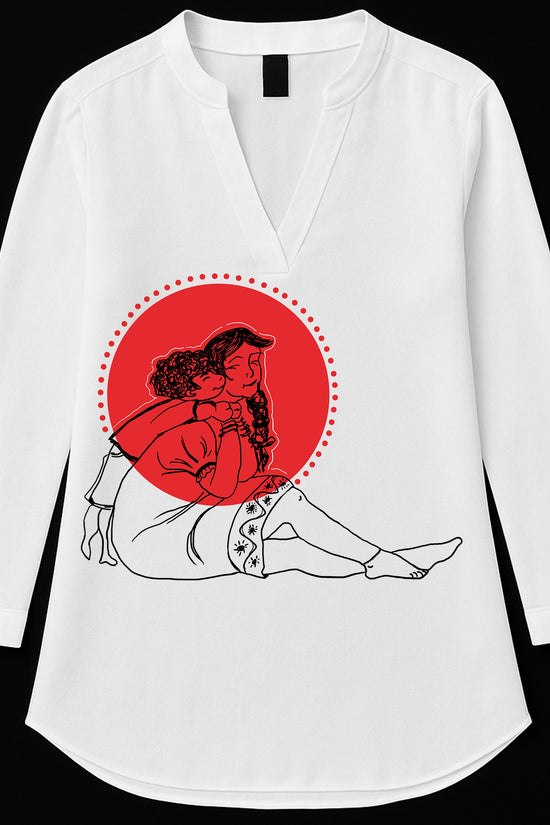 Bhalo Thak Didi Kurti for women featuring minimalist sibling bond artwork in red and black on white tunic. Ideal for festive or casual wear.