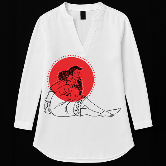 Bhalo Thak Didi Kurti for women featuring minimalist sibling bond artwork in red and black on white tunic. Ideal for festive or casual wear.