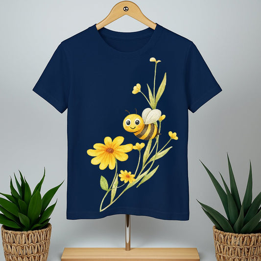 Bloom & Bumblebee blue cotton t-shirt with cheerful bumblebee and yellow floral graphic. Unisex bio-washed cotton tee for casual wear.