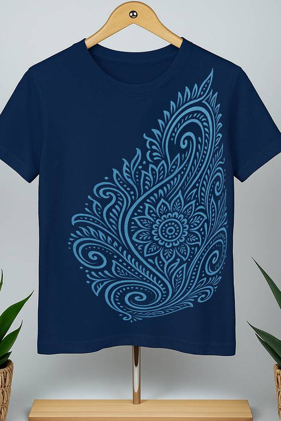 Blue Floral Swirl T-Shirt featuring intricate Bengali Alpona design in light blue on navy cotton fabric. Cultural wearable art for Indo-fusion style.