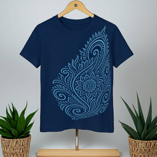 Blue Floral Swirl T-Shirt featuring intricate Bengali Alpona design in light blue on navy cotton fabric. Cultural wearable art for Indo-fusion style.