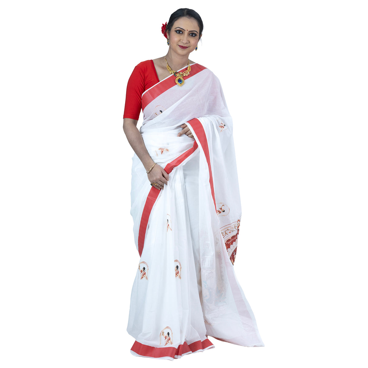 Bonedi Barir Durga Puja Saree – Thakur Dalan Ek-Chala Durga, Dhaki & Aarti Print with Red Laal Paar Border on White Khadi Cotton