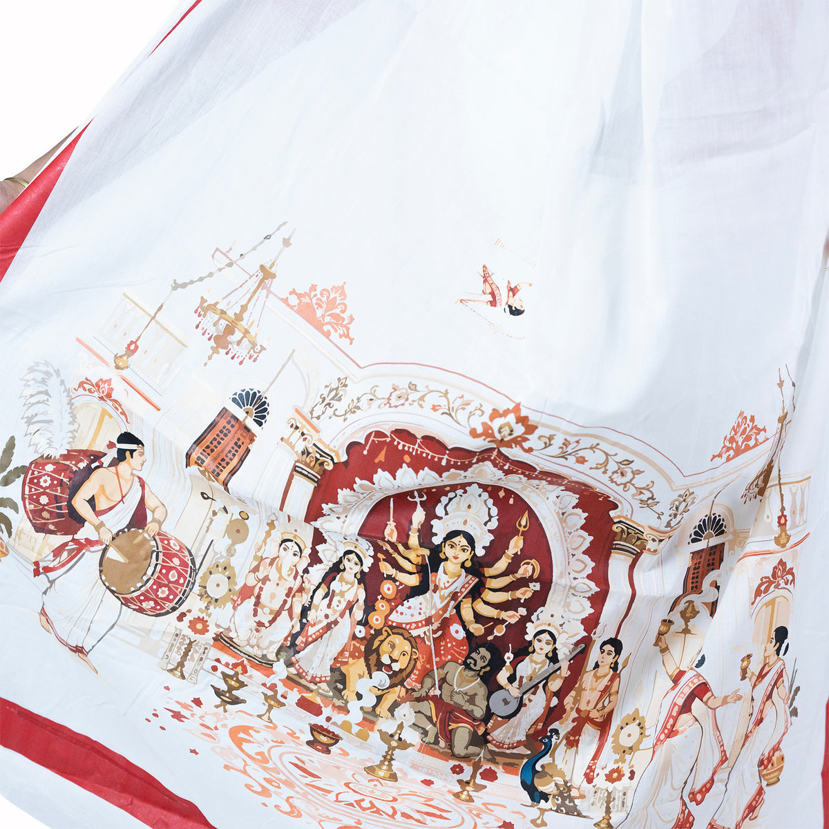 Bonedi Barir Durga Puja Saree – Thakur Dalan Ek-Chala Durga, Dhaki & Aarti Print with Red Laal Paar Border on White Khadi Cotton