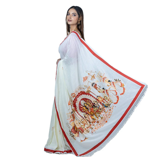 Smarteez Bonedi Barir Durga Puja saree in white khadi cotton, pallu spread showing a thakur-dalan scene with ek-chala Maa Durga under a chalchitra arch, colonial pillars, hanging jhar-bati and women performing aarti, with red laal paar border