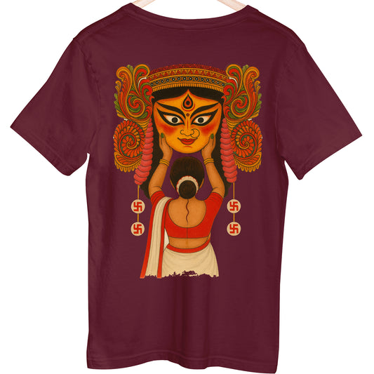 Style 105 Deal - Prepaid Only T-shirt featuring a vibrant Durga Puja artwork on the back. 100% cotton, bio-washed, no return or exchange.