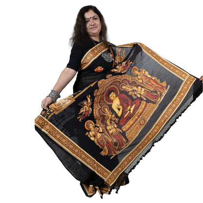 Buddha Jataka Tales Khadi Cotton Saree with Buddhist art design