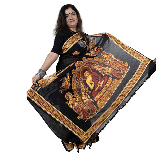 Buddha Jataka Tales Khadi Cotton Saree with Buddhist art design