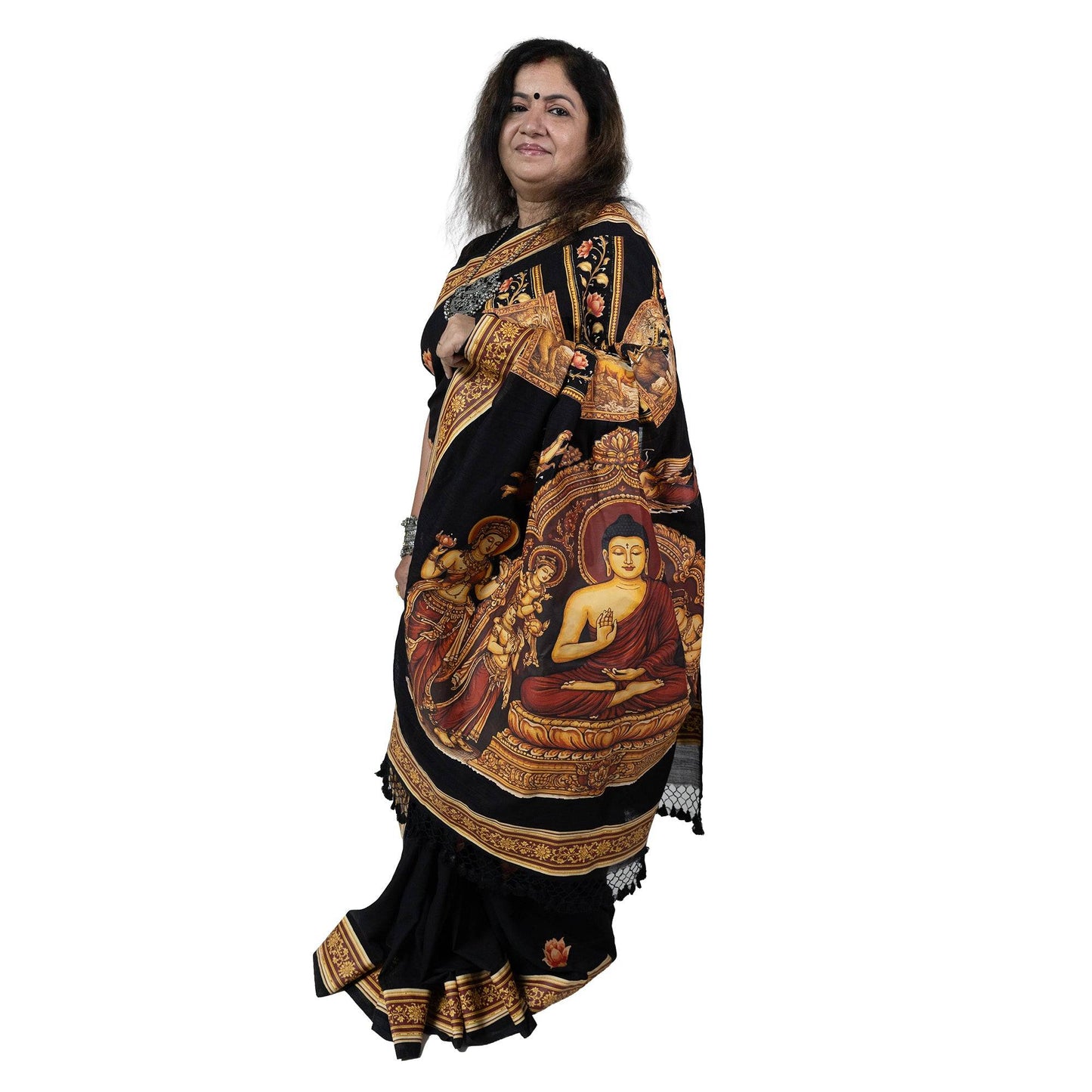 Elegant black saree featuring Buddha and Buddhist art for women