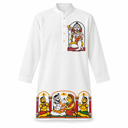 Flat lay of Jamini Roy-inspired Shiva Parvati Ganesh panjabi, front view showing chest motif and hem family scene