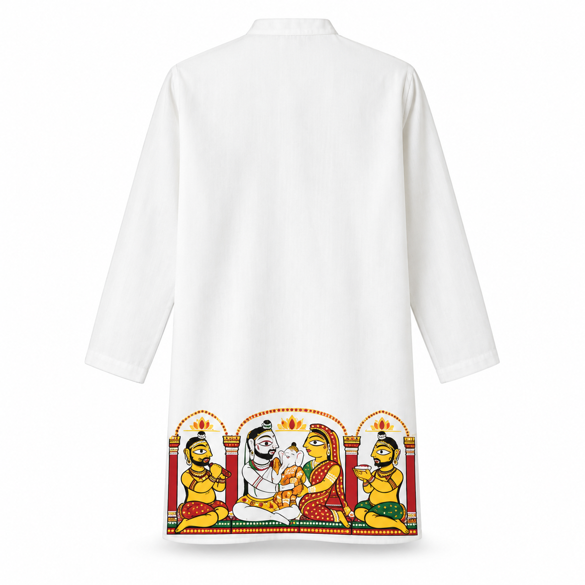 Flat lay of Jamini Roy-inspired panjabi back, showing full Shiva Parvati Ganesh family portrait at hem under lotus arches