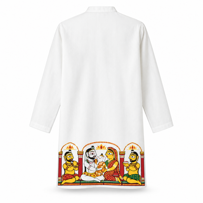 Flat lay of Jamini Roy-inspired panjabi back, showing full Shiva Parvati Ganesh family portrait at hem under lotus arches