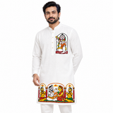 Man wearing white cotton panjabi with Jamini Roy-inspired Shiva holding Ganesh print on chest, front view