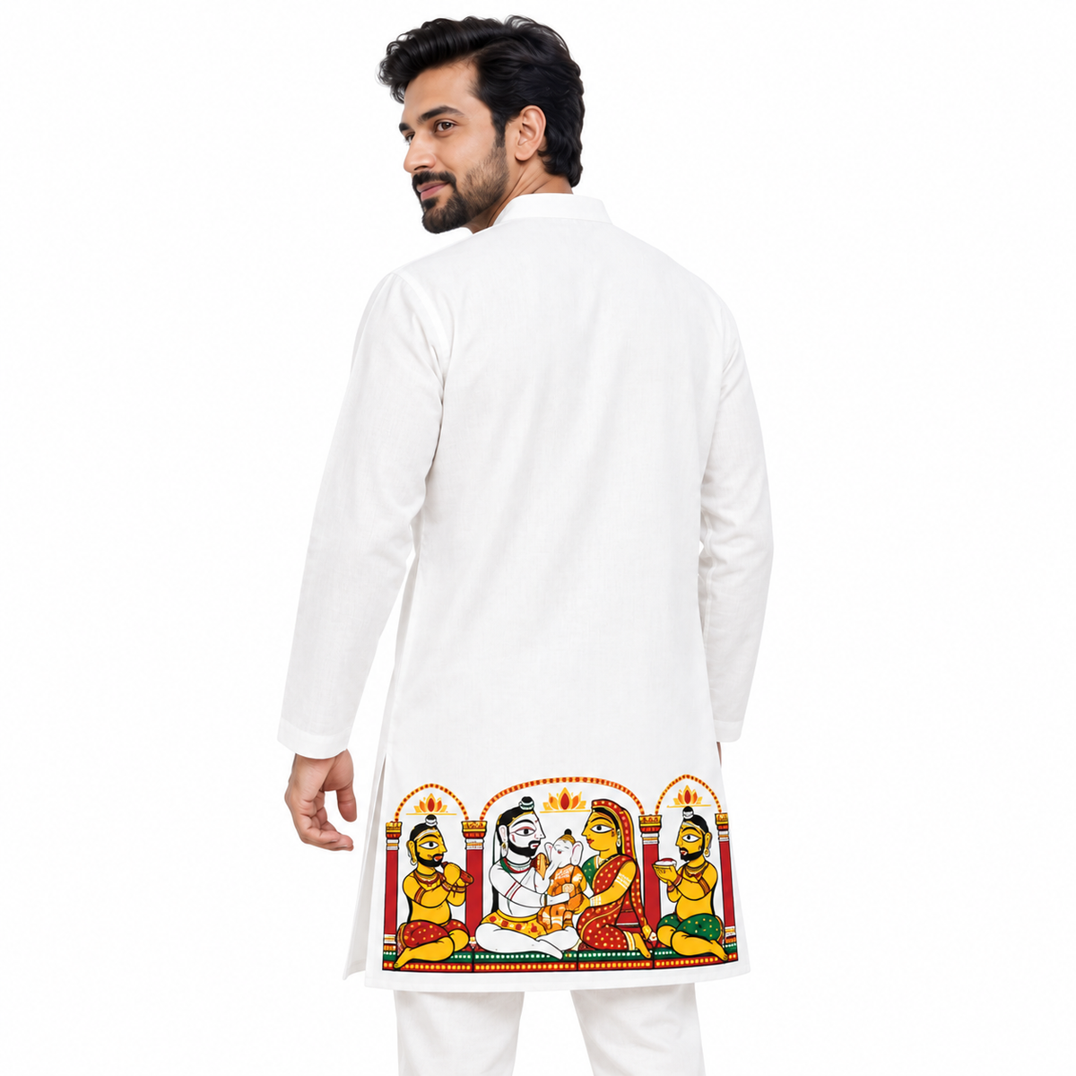 Man wearing white cotton panjabi with Jamini Roy-inspired Shiva Parvati Ganesh family scene on hem, back view