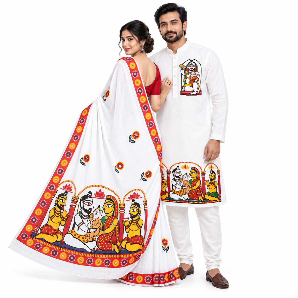 Shiva Parvati Ganesh Panjabi & Saree Set – Jamini Roy Inspired Art on White Cotton