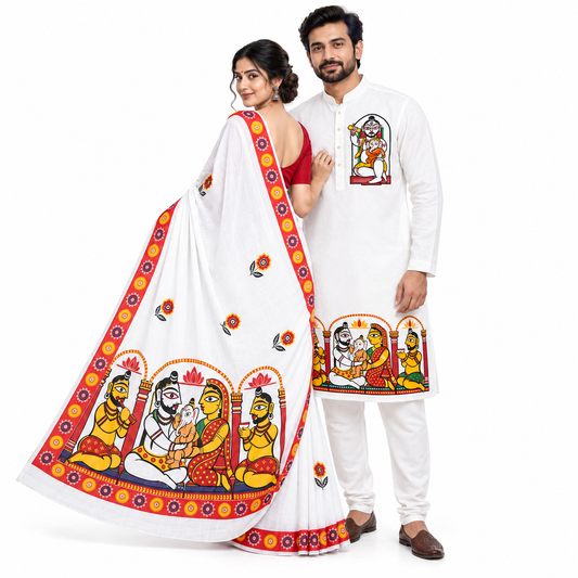 Shiva Parvati Ganesh Panjabi & Saree Set – Jamini Roy Inspired Art on White Cotton