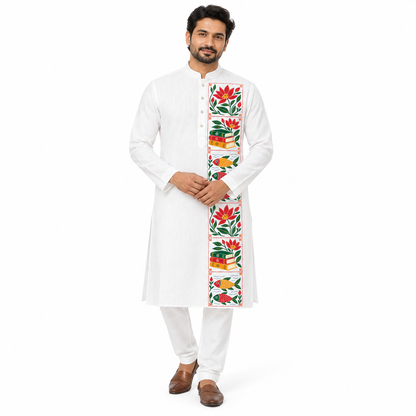 Man wearing white cotton panjabi with Kantha-style lotus, books and fish motif panel, front view