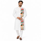 Man wearing white cotton panjabi with Kantha-style lotus, books and fish motif panel, front view