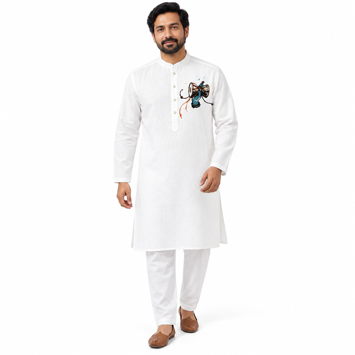 Man wearing white cotton panjabi with damaru motif on chest, front view