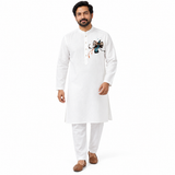 Man wearing white cotton panjabi with damaru motif on chest, front view
