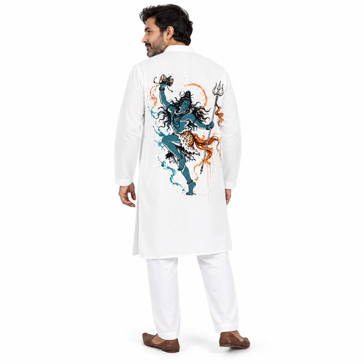 Man wearing white cotton panjabi with Shiva Nataraj Tandav watercolor print on the back