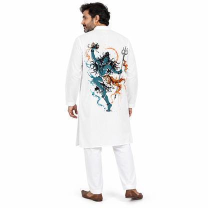Man wearing white cotton panjabi with Shiva Nataraj Tandav watercolor print on the back