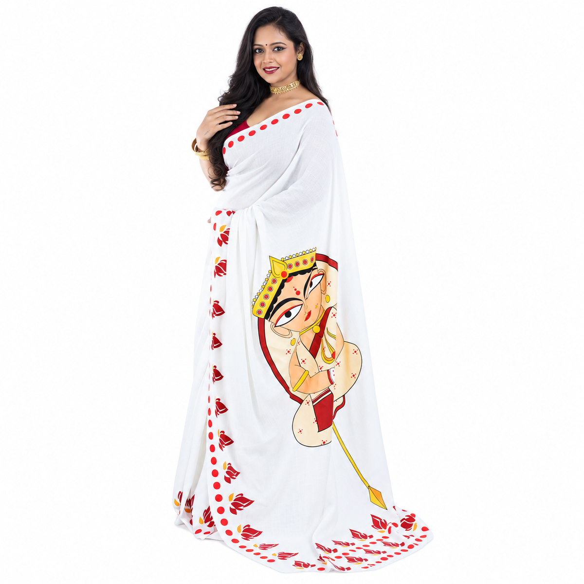 Front angled view of Durga Maa modern art saree on white cotton with red and gold minimalist illustration