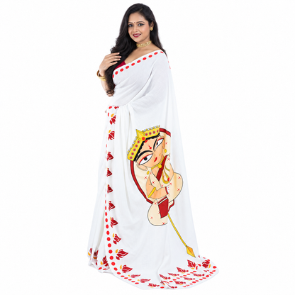 Front angled view of Durga Maa modern art saree on white cotton with red and gold minimalist illustration