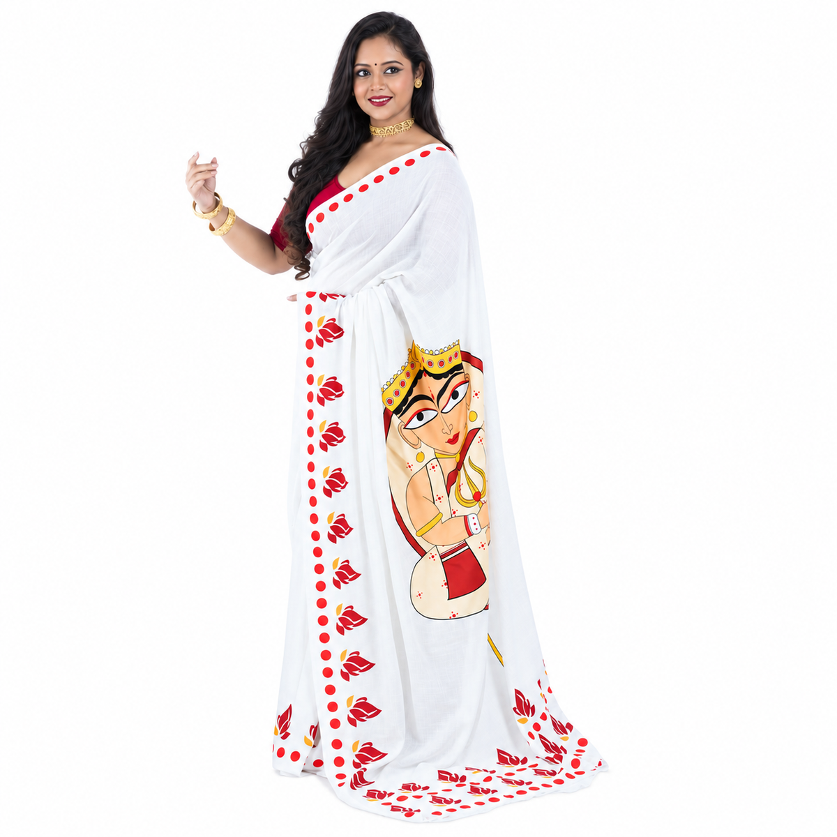 Woman in white cotton saree with red blouse, side view showing minimalist Durga portrait with trishul on pallu