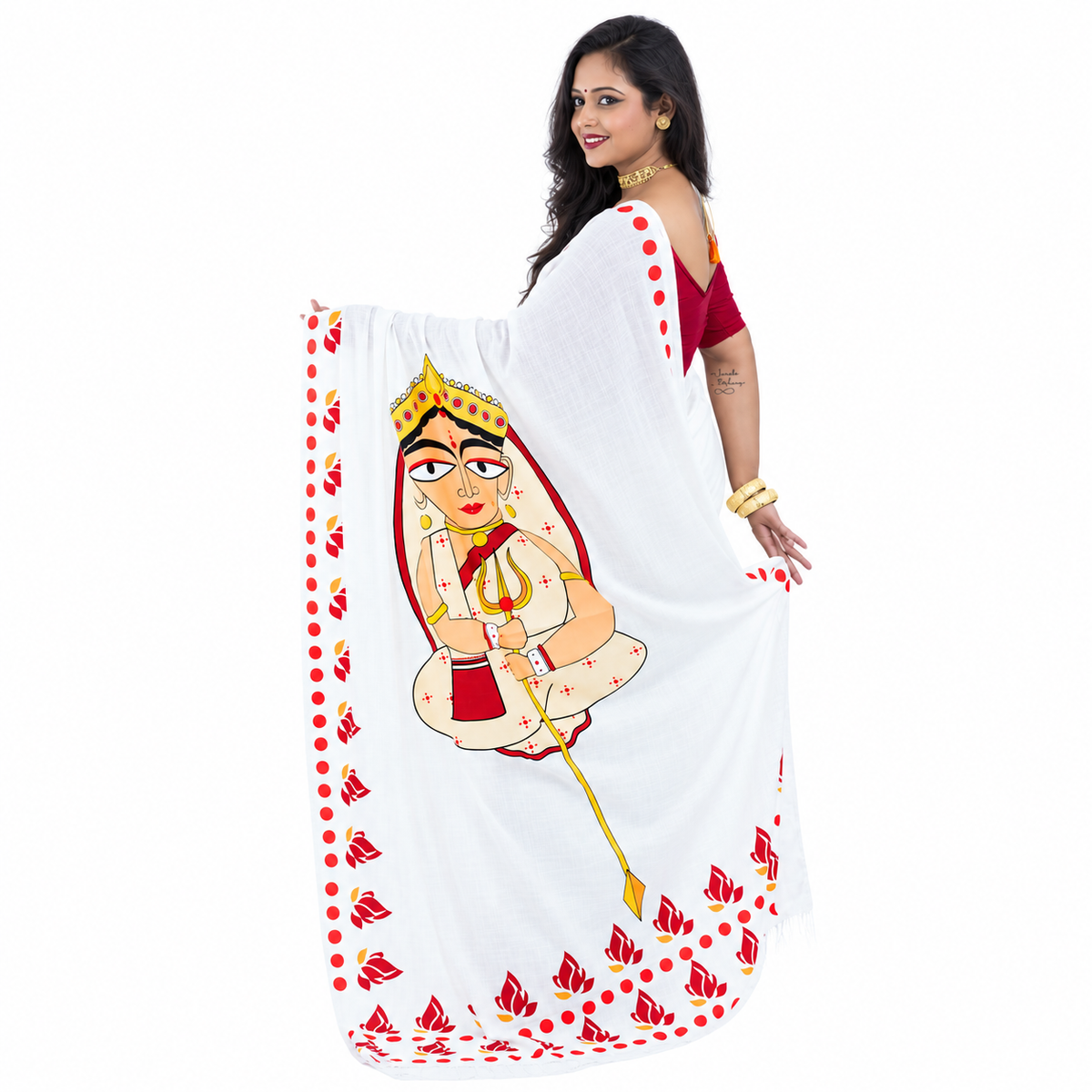 Back view of woman wearing Durga Maa modern art saree, pallu spread showing minimalist Goddess illustration
