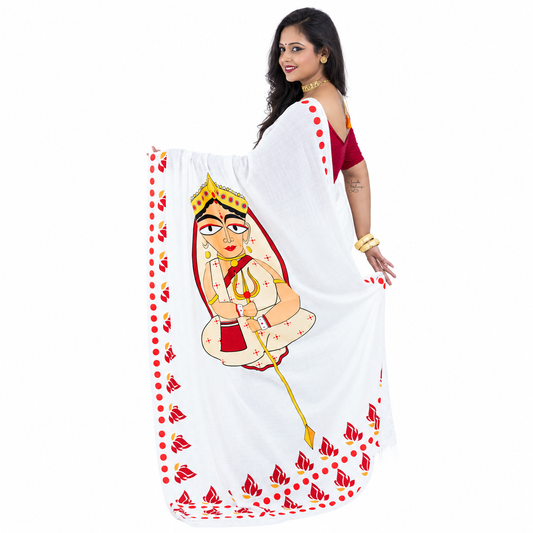 Back view of woman wearing Durga Maa modern art saree, pallu spread showing minimalist Goddess illustration