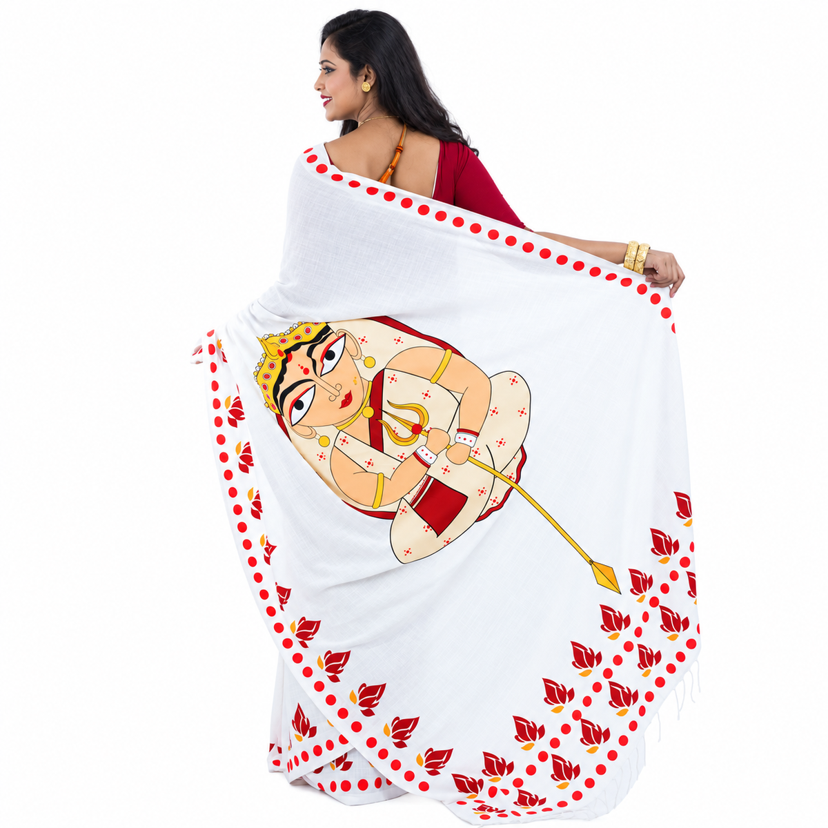 Full pallu view of Durga Maa modern art saree with minimalist portrait, trishul and red dot-lotus border