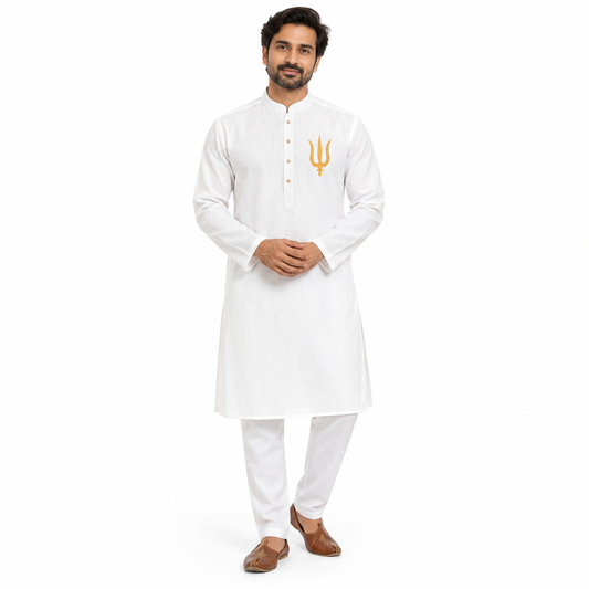 Shiva Ganesha Panjabi — Golden Trishul & Flat Icon Print Kurta for Durga Puja