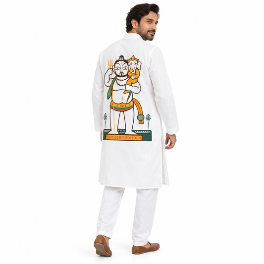 Shiva Ganesha Panjabi — Golden Trishul & Flat Icon Print Kurta for Durga Puja