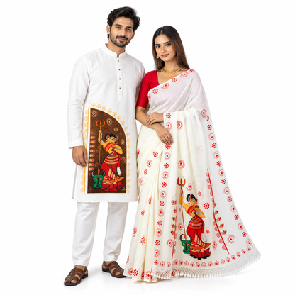 Mahishasurmardini Durga Puja Couple Set — matching white khadi cotton saree and panjabi with Durga slaying Mahishasura folk art print