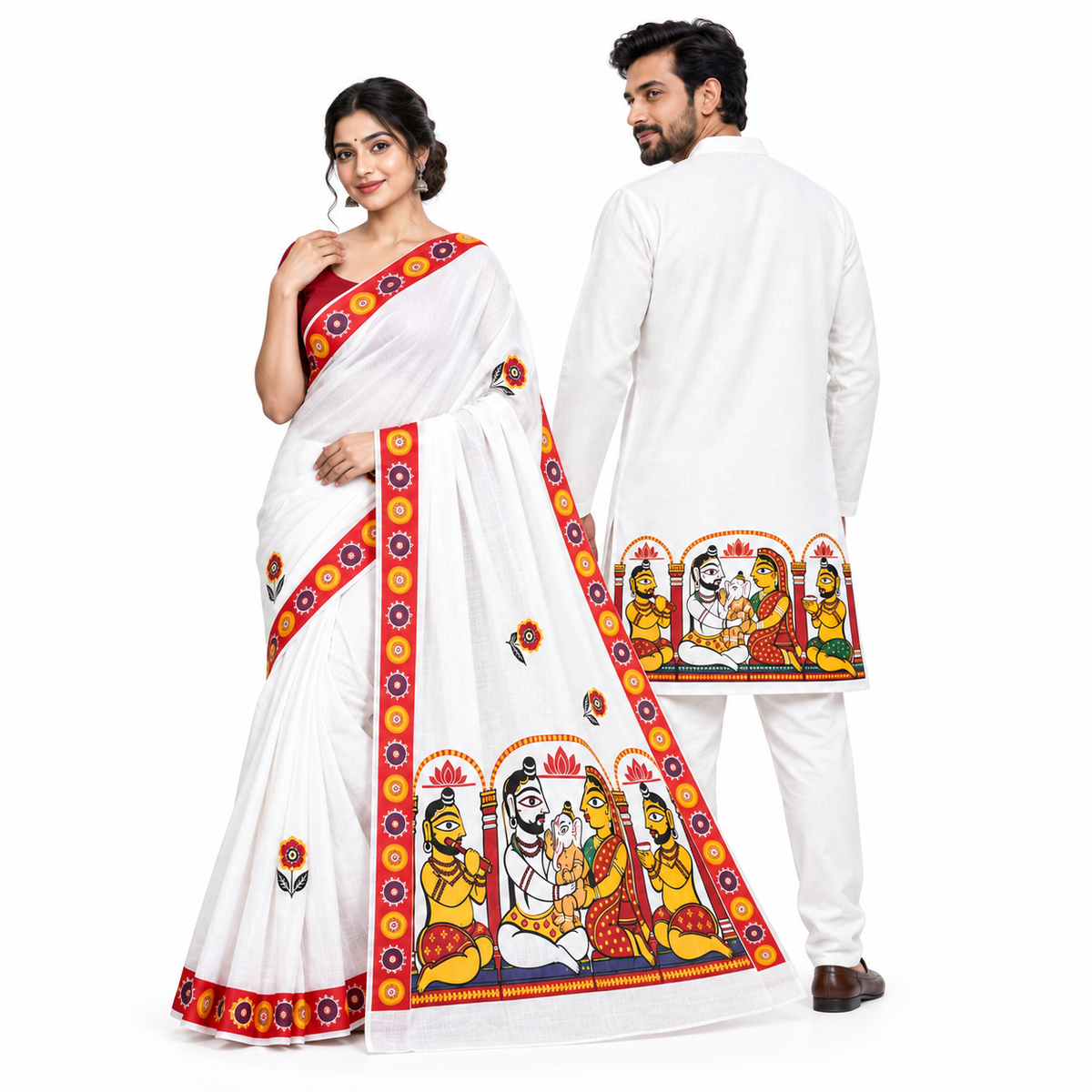 Shiva Parvati Ganesh Panjabi & Saree Set – Jamini Roy Inspired Art on White Cotton