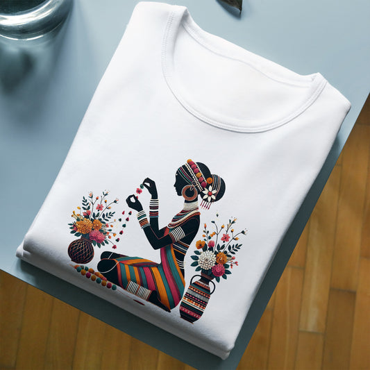 Chayanika Graphic Tee - Folk Art T-Shirt featuring a tribal woman with floral garlands on premium cotton, folded neatly on a table.