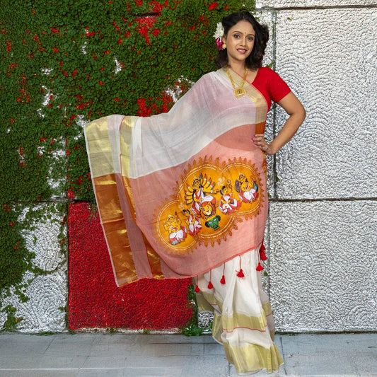 Chinmoyee Cotton Saree - Devi Durga design in vibrant hues, featuring heritage artwork on soft cotton ideal for festive and cultural wear.