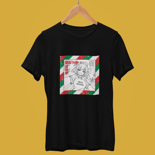 Christmas in Manga Style T-shirt by Smarteez – Fun Anime Christmas tee, perfect for family Christmas T-shirts and festive manga-themed holiday style. - Black