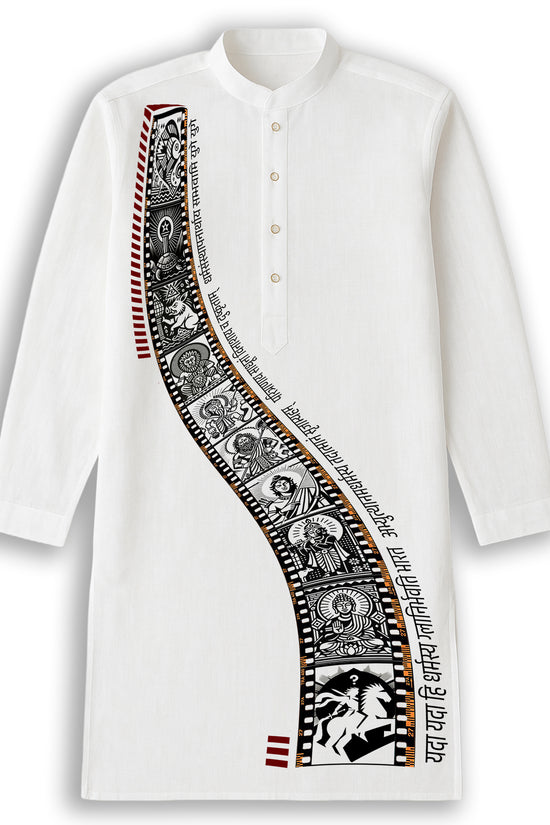 Dashavatar Kurta for Men - Heritage Artwear in soft cotton featuring Patachitra-style Vishnu avatars on white fabric, ideal for cultural wear.