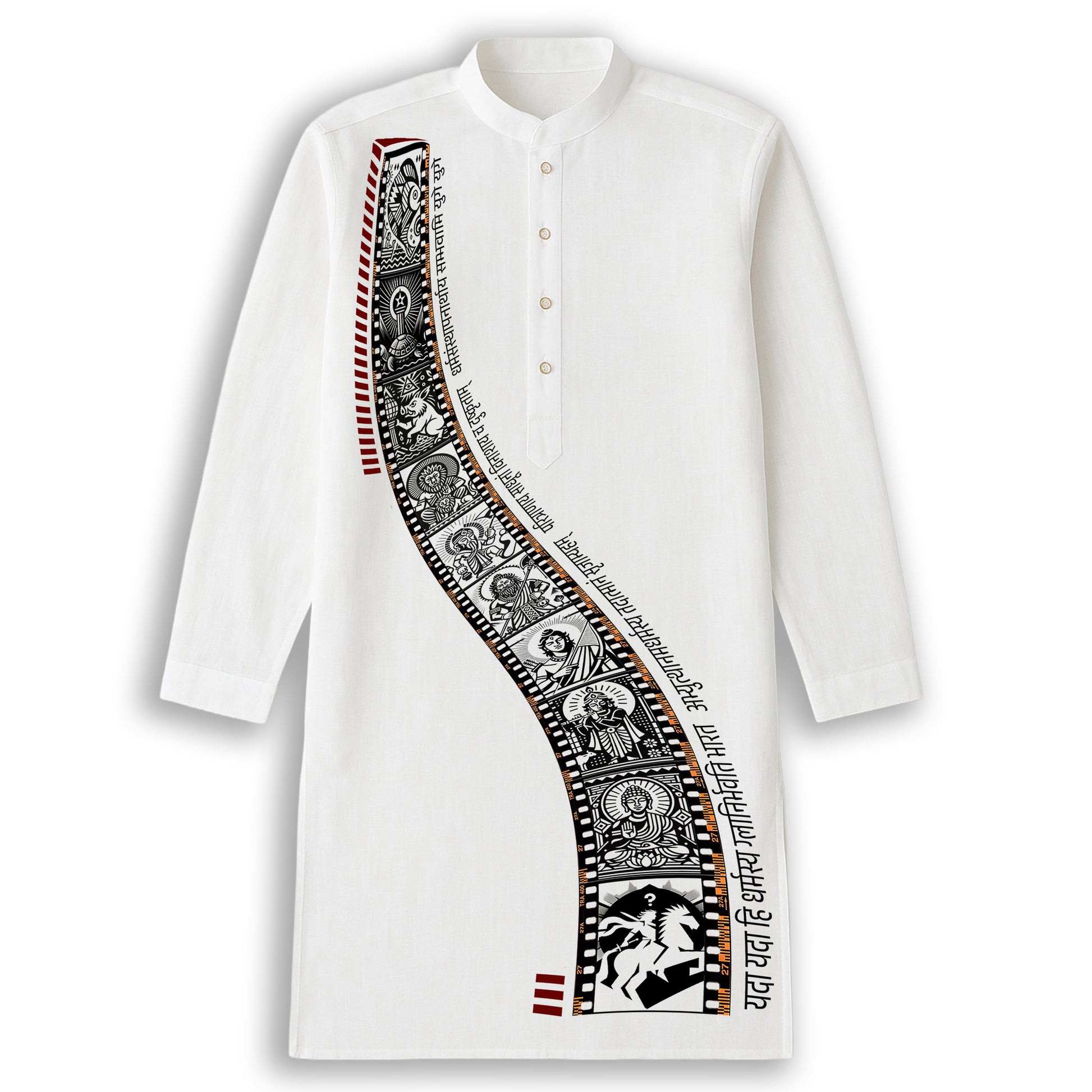 Dashavatar Kurta for Men - Heritage Artwear in soft cotton featuring Patachitra-style Vishnu avatars on white fabric, ideal for cultural wear.