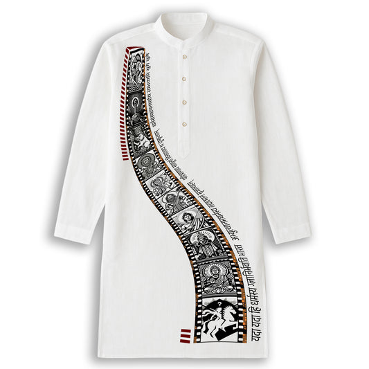 Dashavatar Kurta for Men - Heritage Artwear in soft cotton featuring Patachitra-style Vishnu avatars on white fabric, ideal for cultural wear.
