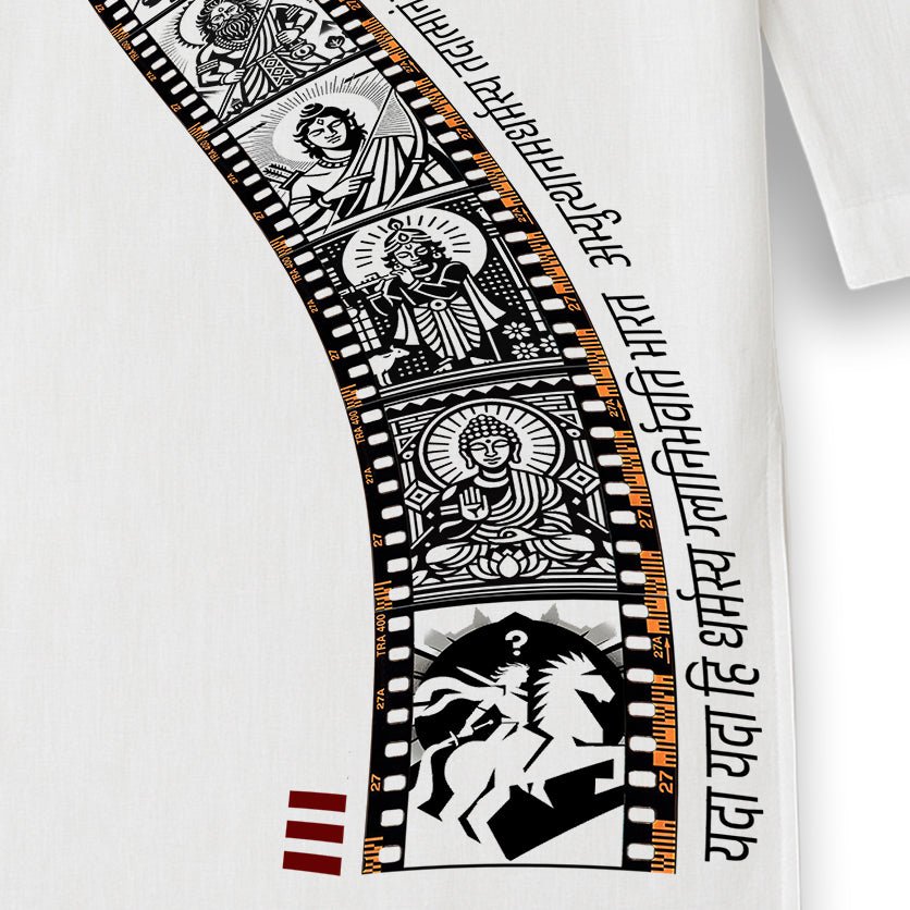 Close-up of Dashavatar Kurta for Men showcasing intricate Patachitra artwork of Vishnu’s avatars with Sanskrit script on soft white cotton.
