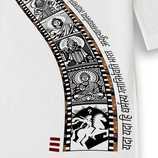 Close-up of Dashavatar Kurta for Men showcasing intricate Patachitra artwork of Vishnu’s avatars with Sanskrit script on soft white cotton.