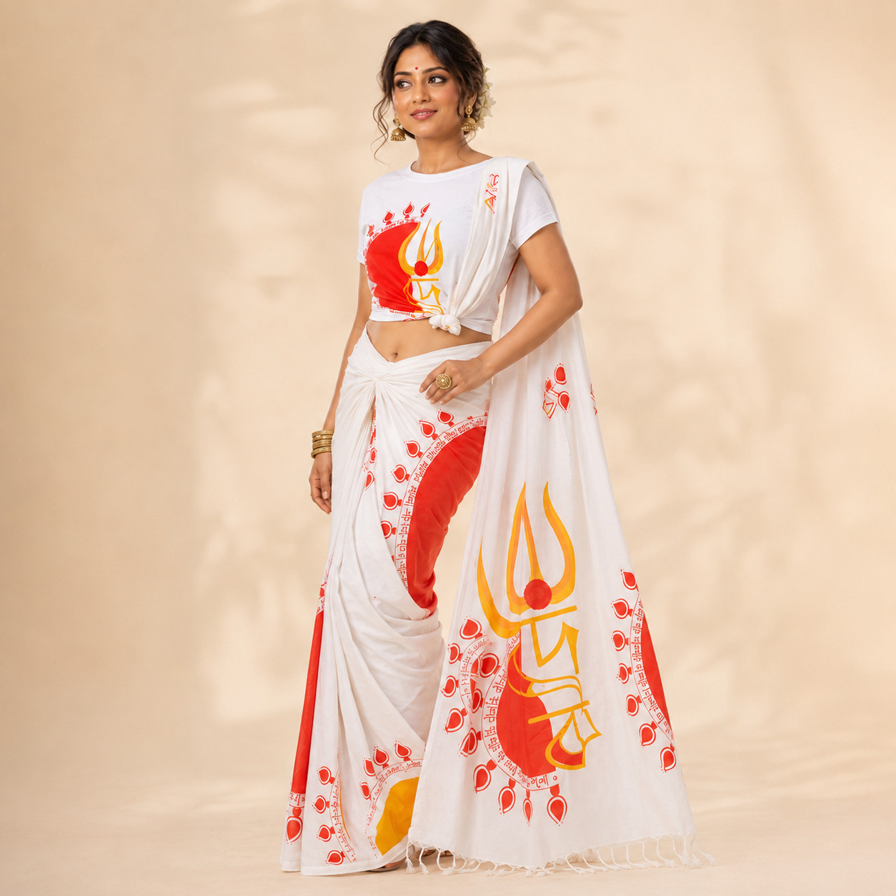 Woman in Debi Fusion Set — trishul print tee knotted as crop top with khadi cotton saree pallu, Durga Puja fusion look by Smarteez