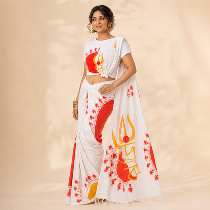Woman in Debi Fusion Set — trishul print tee knotted as crop top with khadi cotton saree pallu, Durga Puja fusion look by Smarteez