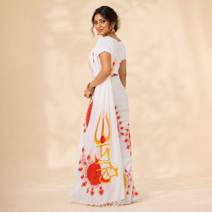 Back view of Debi Fusion Set saree drape with red and yellow trishul and diya print — Durga Puja fusion outfit
